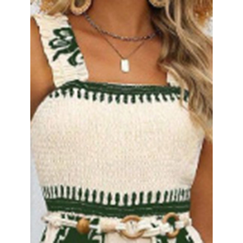 Women's Summer Boho Jumpsuits One Piece Beach Vacation Outfits Shirred Strap Wide Leg Pants Rompers With Pockets