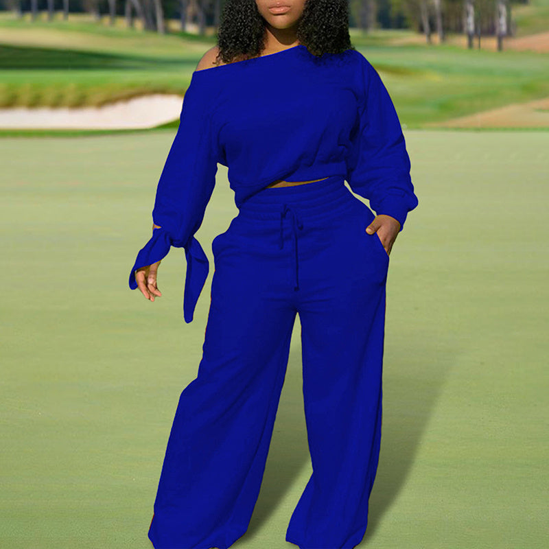 Women's One-Shoulder Casual Set - Solid Color Long Sleeve Top & Elastic Waist Pants With Drawstring & Pockets For Spring & Fall