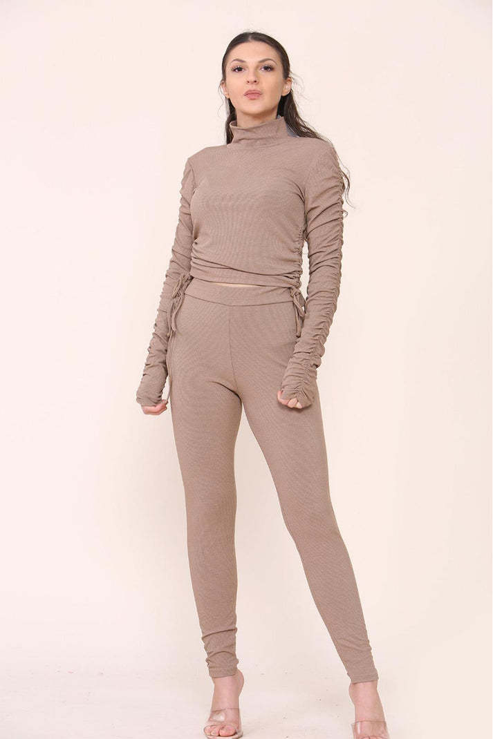 High Neck Ruched Side Arm Solid Drawstrings Ribbed Tee And Leggings Set