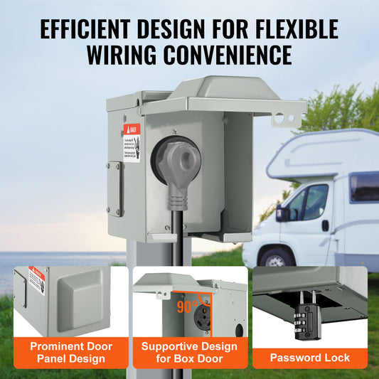 VEVOR 30 Amp RV Power Outlet Box, 125 250 Volt, Enclosed Lockable Outdoor RV Receptacle Box, NEMA TT 30R Weatherproof Electrical Panel, For RV Camper Trailer Motorhome Tested To UL Standards