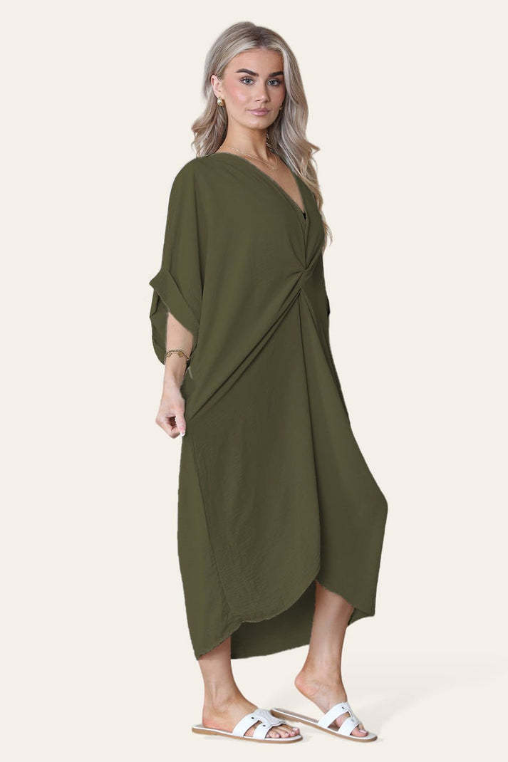 Womens V-Neck Tie Knotted Twisted Front Oversized Longline Midi Dress