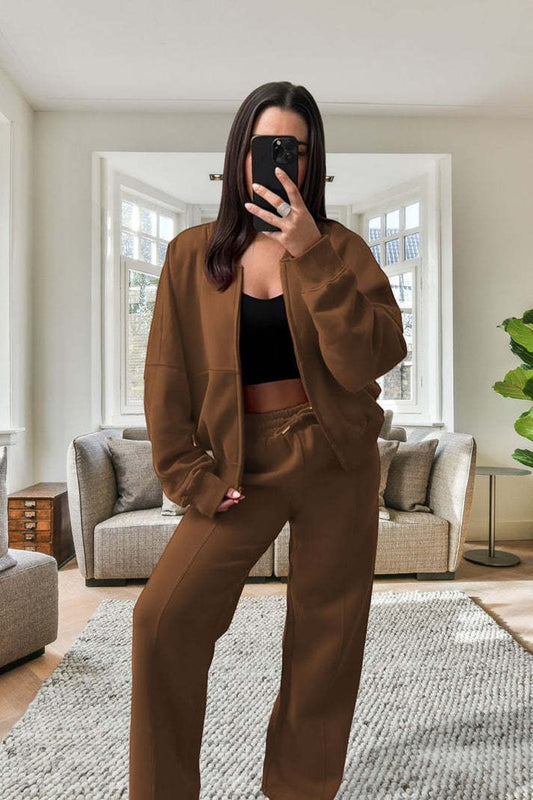 Bomber New Style Oversized Fleece Zipper And Wide Leg Tracksuit