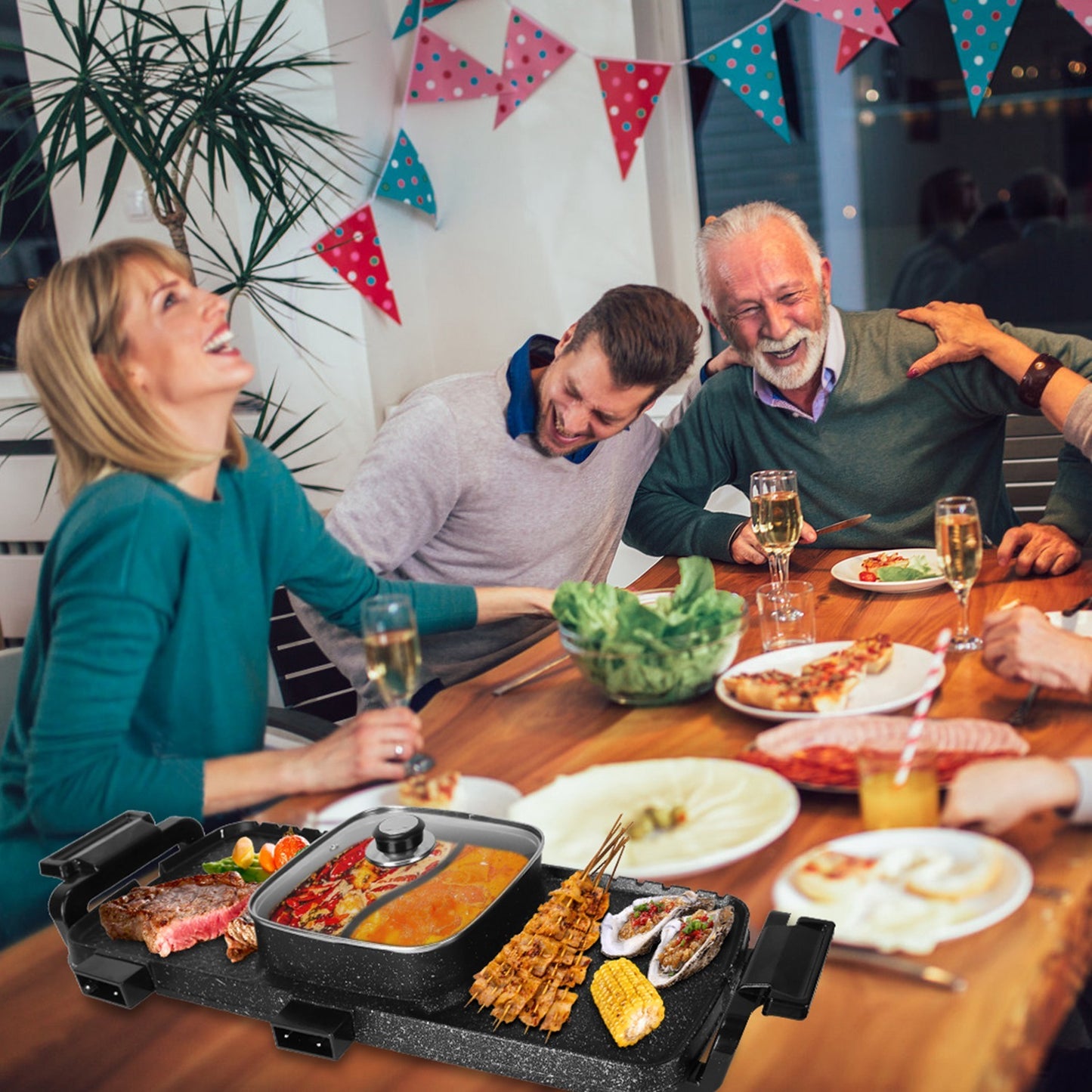 2 In 1 Electric Hot Pot With Grill 2800W Smokeless Non-Stick Korean BBQ Grill Shabu Shabu Hot Pot Combo With Independent Temperature Control 5 Gears Firepower For 3-10 People