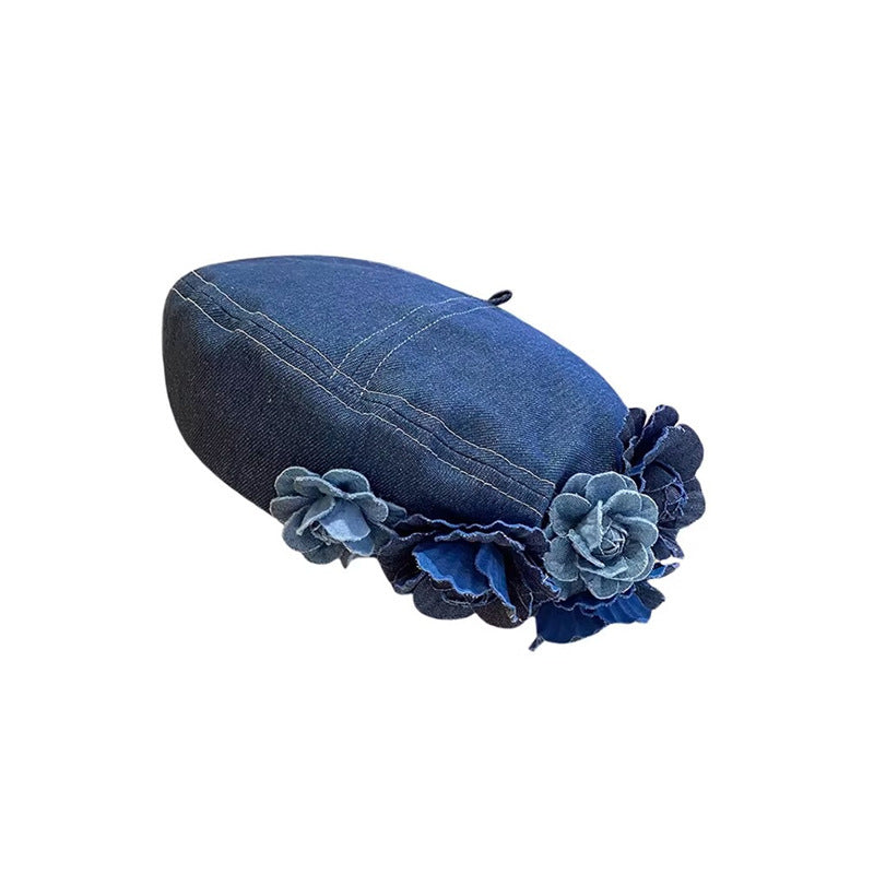 Japanese Minority Contrast Color Three-dimensional Flowers Denim Beret