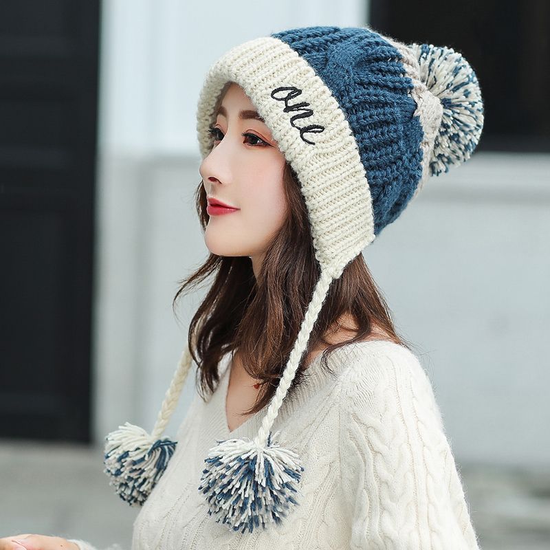 Winter Hat Women's Fleece-lined Warm Wool Hat Korean Style Colorblock All-matching Hat