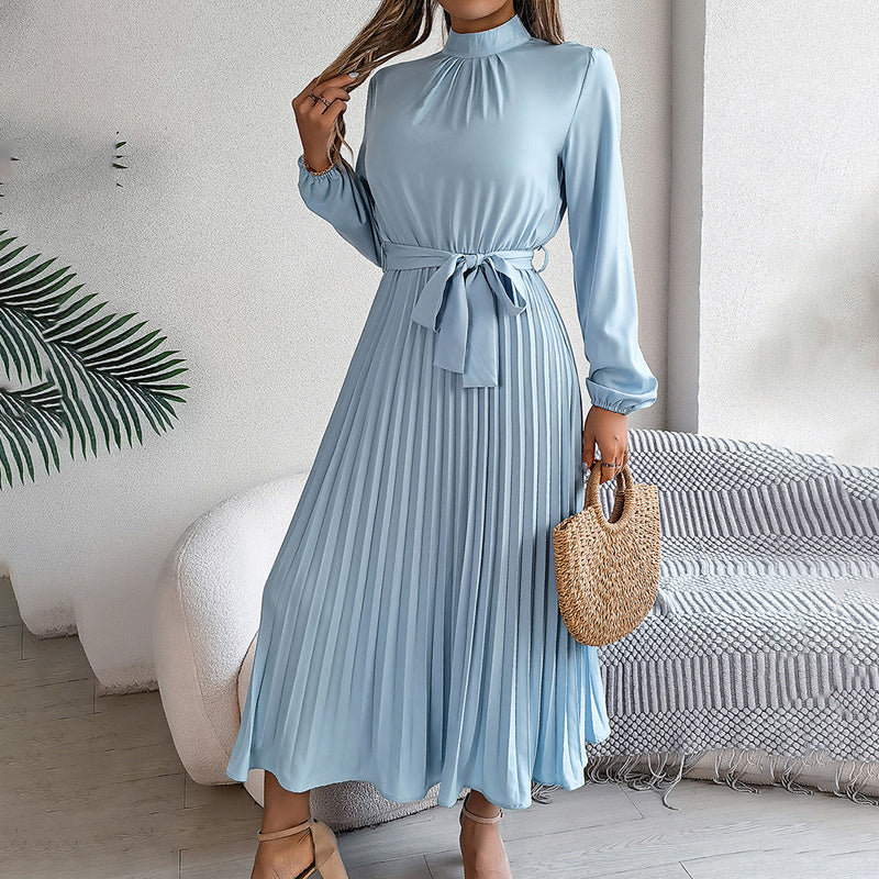 Elegant High Neck Long Sleeve Pleated Maxi Dress - Solid Color Flowy Dress For Women, Casual To Formal Wear
