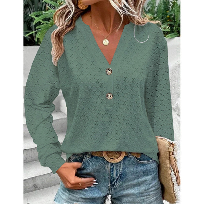 Women's Long Sleeve Shirts Dressy Casual Button V Neck Tops Loose Fit Trendy Fall Clothes