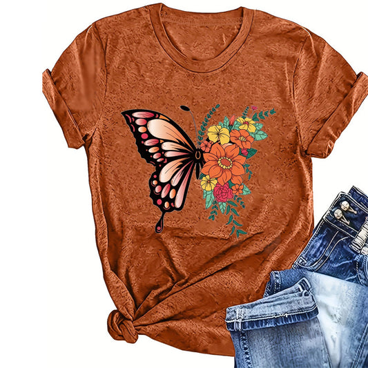 Women's Butterfly Wing & Floral Print Round Neck Tee - Summer Bohemian T-Shirt