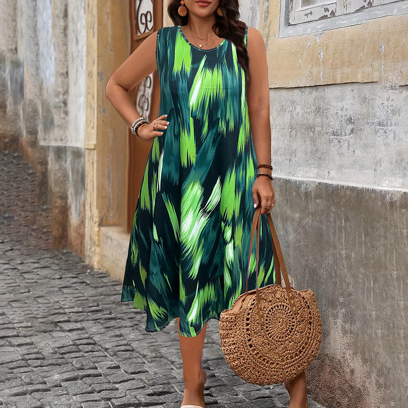Women's Plus Size Round Neck Sleeveless Colours Print Maxi Dress - Loose Fit Long Summer Dress