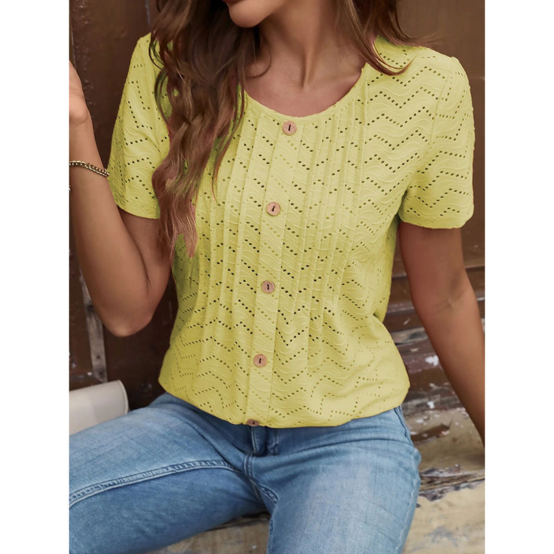 Women's Summer Pleated Button Short Sleeve T-Shirt Summer Crew Neck Solid Color Casual Top