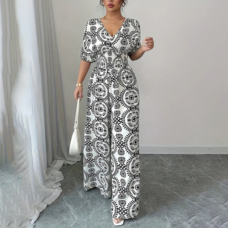 Womens Jumpsuits Short Sleeve V Neck Smocked Dressy Casual Wide Leg Pants Romper 2025 Summer One Piece Outfits