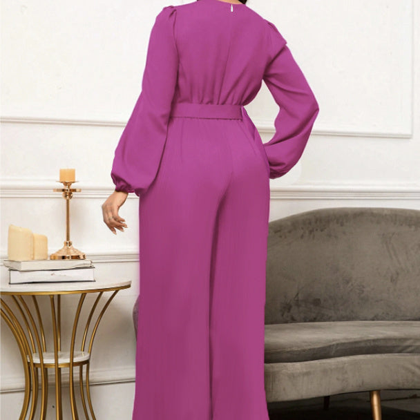 Ladies' Elegant Temperament, Solid Color Ring Belt, Versatile Long Sleeved Jumpsuit