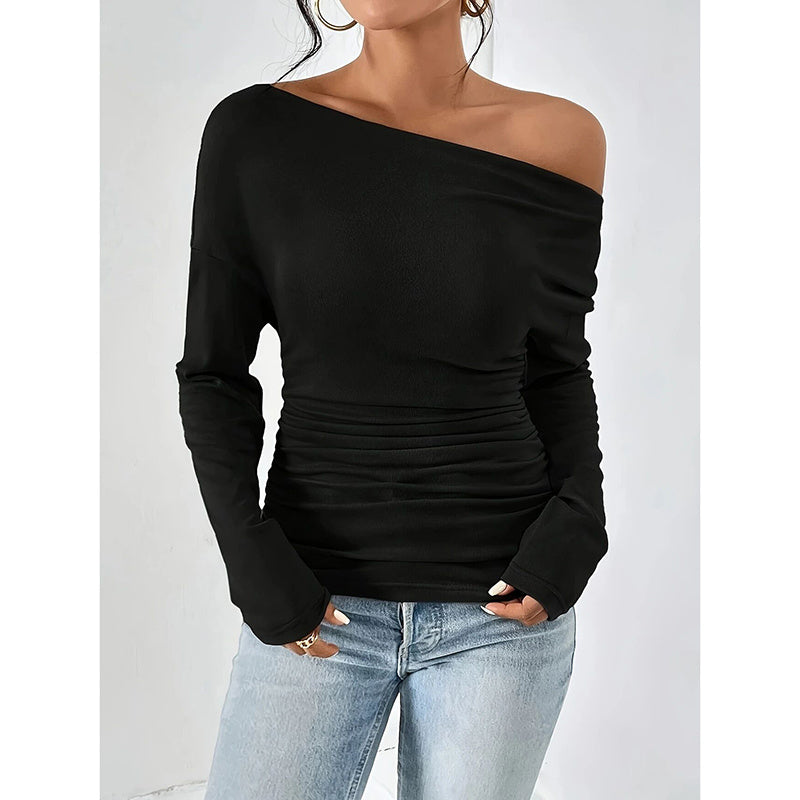 Women's Off The Shoulder Tops Long Sleeve T Shirts Going Out Tops Casual Trendy Ruched Slim Fitted Tees