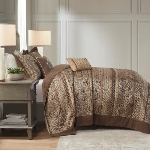 5 Piece Reversible Jacquard Bedspread Set Brown Gold Queen