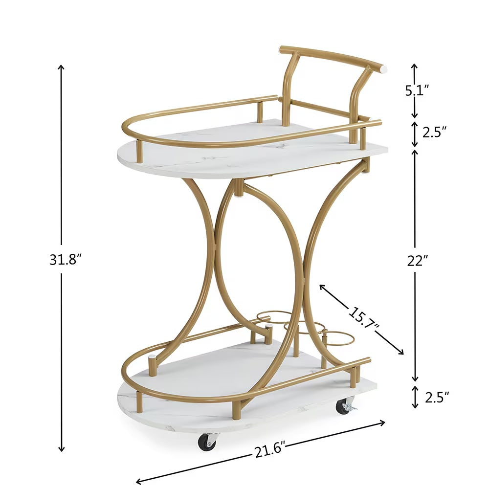 2-Tier Bar Cart,Gold Wine Cart With Wine Rack & Glass Holder,Mobile Bar Serving Cart,for Party,Home,Rolling Drink Trolley For Living Room