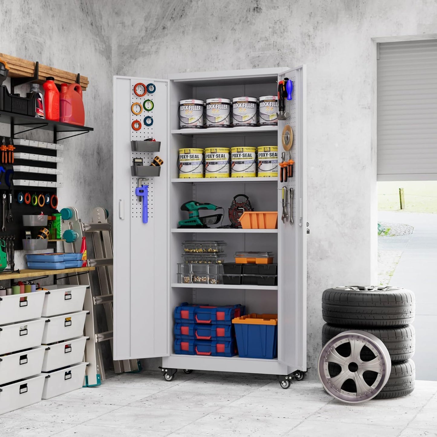 Garage Storage Cabinet With Wheels, H Rolling Metal Cabinets With Locking Doors Adjustable Shelves Pegboards For Home Office, Basement, Pantry, Workshop
