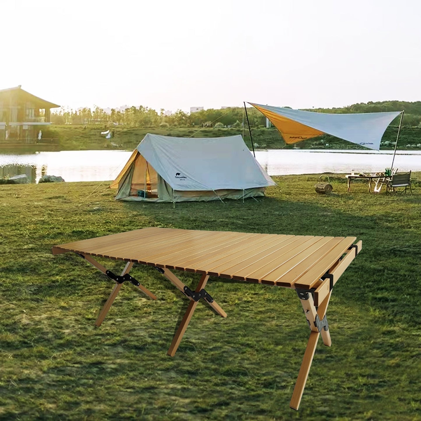 Multi-Function Foldable Wooden Patio Dining Table, Natural - Indoor Outdoor