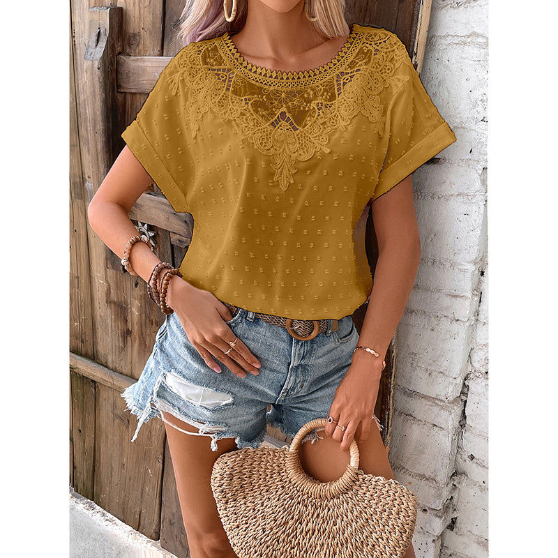 Womens Summer Tops Trendy Lace Floral Crew Neck Short Sleeve T Shirts Dressy Casual Blouses