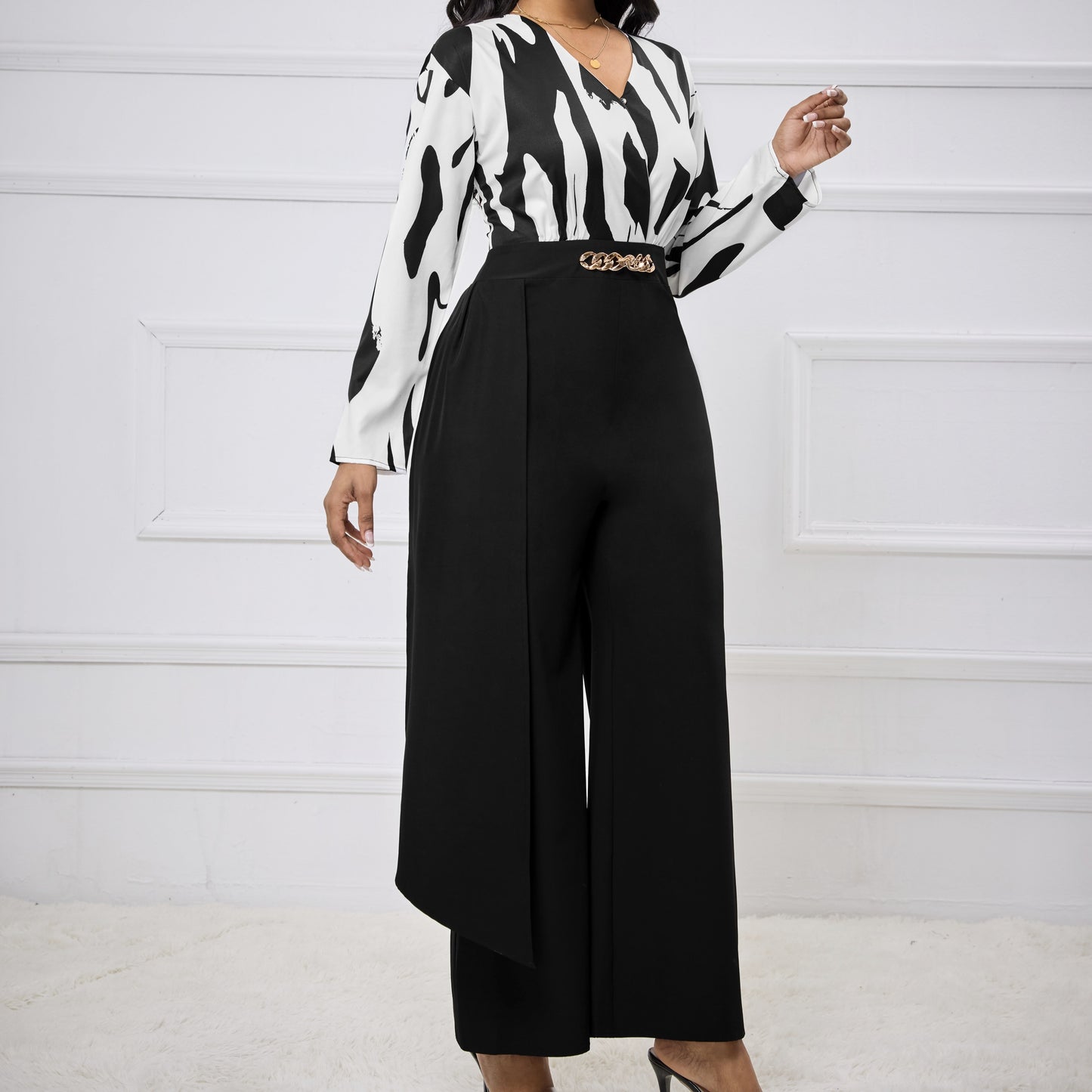 Women's V-neck Printed Waist Cinching Loose Wide Leg Jumpsuit