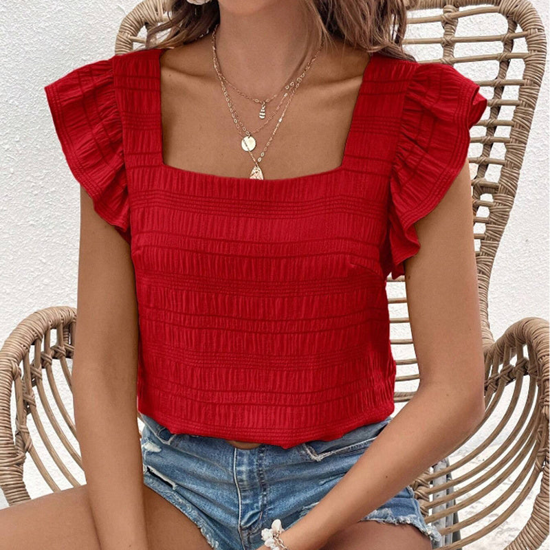 Women's Square Neck Ruffled Sleeve Short-Sleeve Blouse Vacation Casual Summer Top