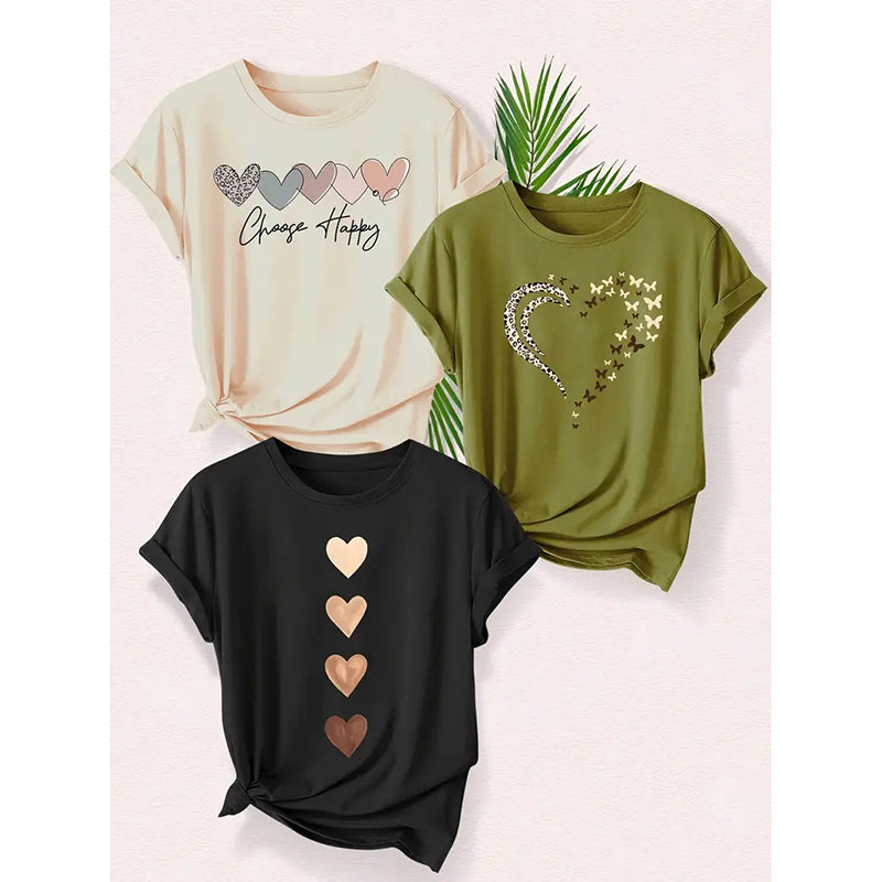 3PCS Women's Love Heart Leopard Graphic Print Tee Short Sleeve Crew Neck T Shirt Casual Summer Tops