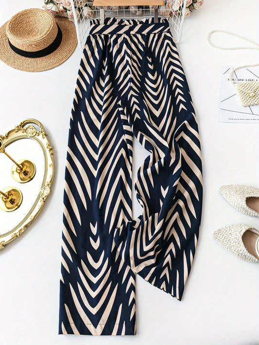 Women's Plus Size Printed Wide-Leg Pants - Summer Office Casual Black Trousers With Belt