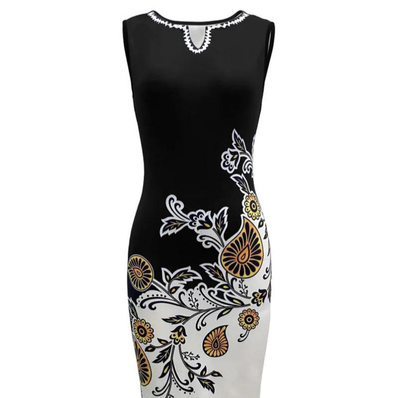 Ladies' Professional Decoration Body V-neck Long Skirt Sleeveless Printed Dress