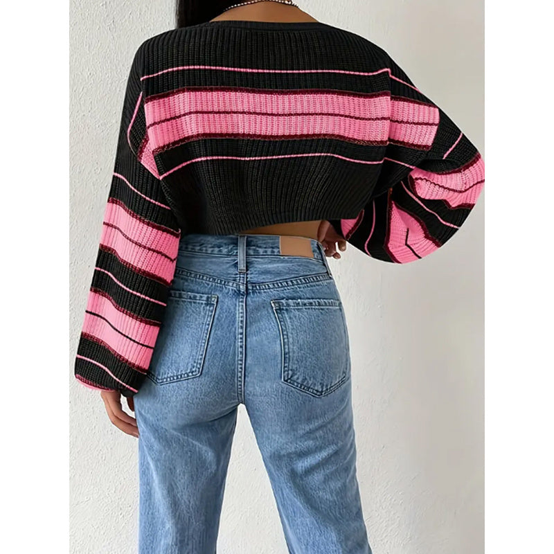 Women's Color Block Striped Sweater Crew Neck Lantern Sleeve Cropped Pullover Tops