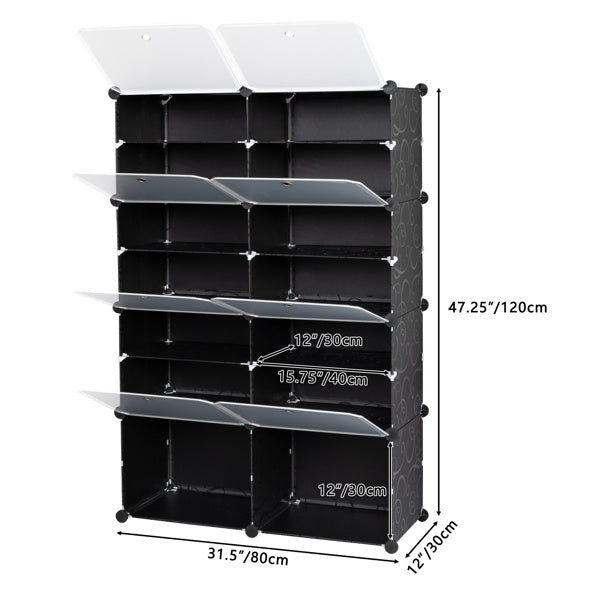 2 Rows, 7 Layers, 14 Compartments, Semi Transparent Doors, Black Patterned Cabinet Body