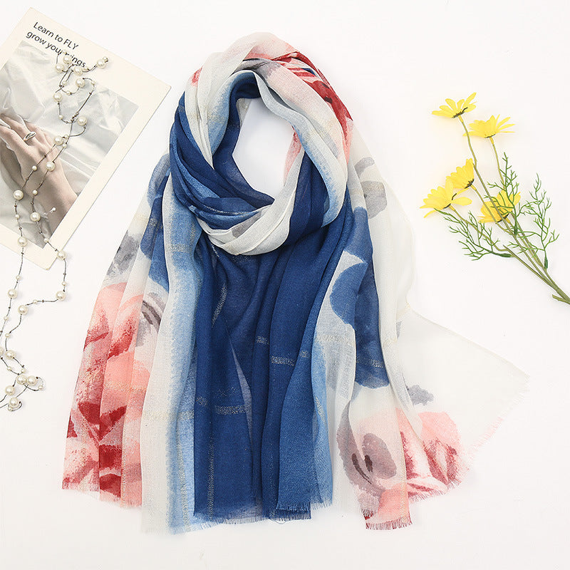Women's Cotton And Linen Fleece Trimmed Printed Scarf