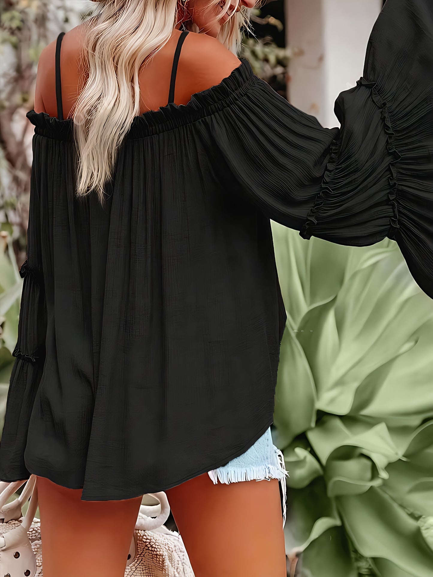 Women's Off-the-Shoulder Elegant Solid Color Cold-Shoulder Bell-Sleeve Blouse - Resort Casual Top