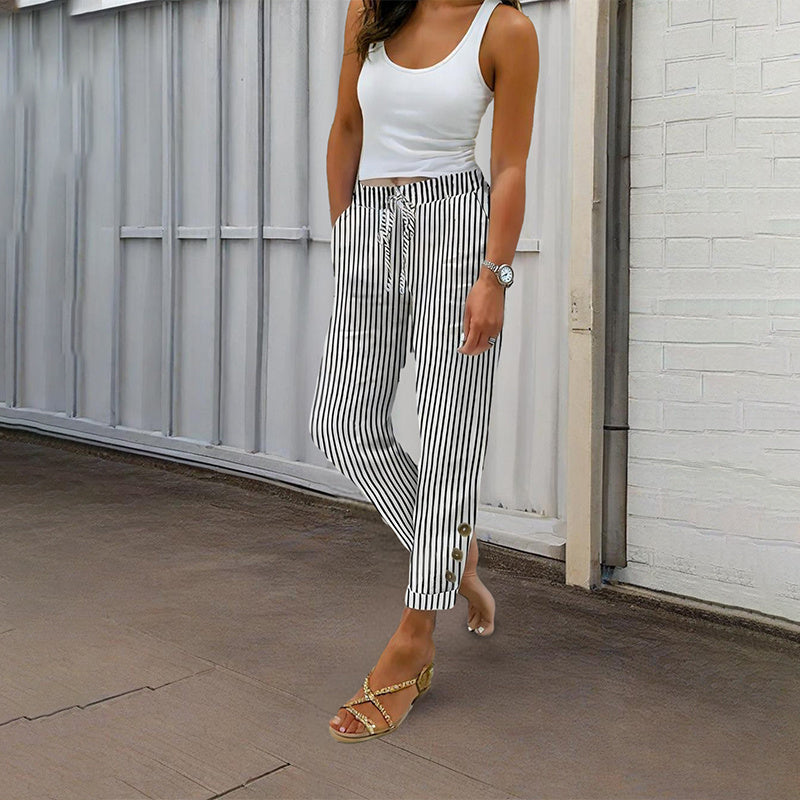 Women's Striped Elastic Waist Pants - Button Accent With Pockets, Casual Comfort Trousers For Spring&Fall