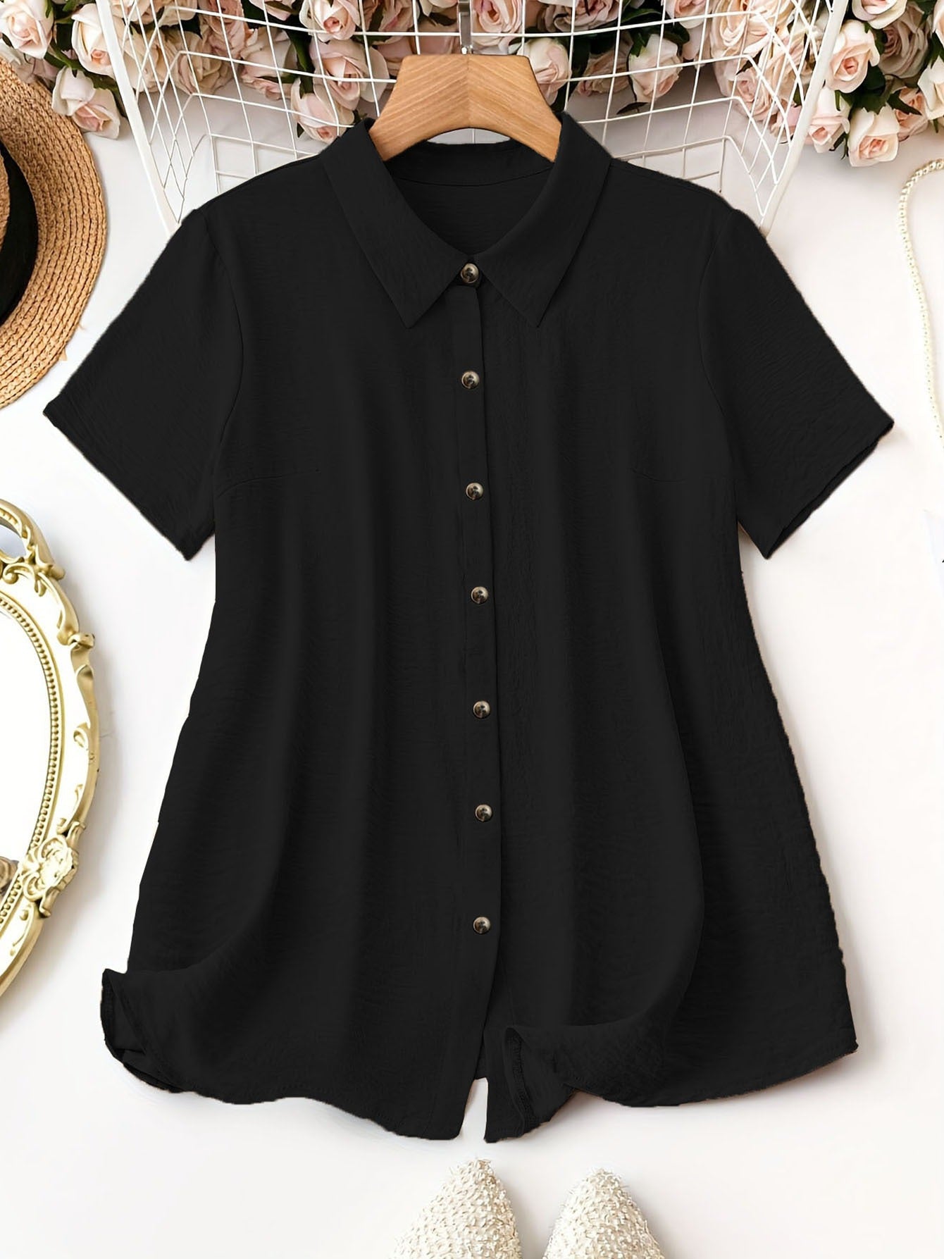 Women's Plus Size Collared Button-Down Shirt - Summer Vacation Casual Short-Sleeve Top For Outings