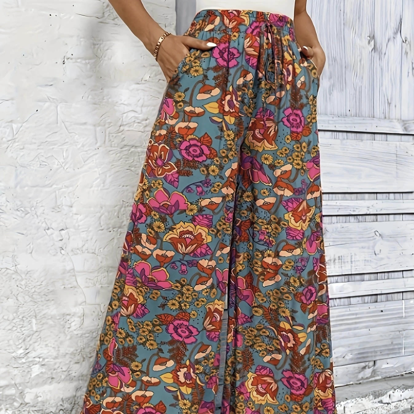 Ladies' Floral Printed Waistband Design, Wide Leg Pants, Long Pants