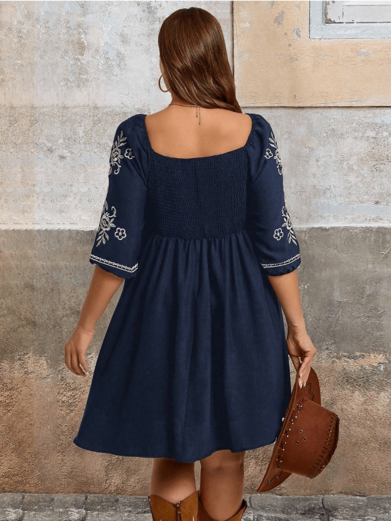 Women's Plus-size V-neck Embroidered Summer Casual Short Dress With Smocked Back Detailing
