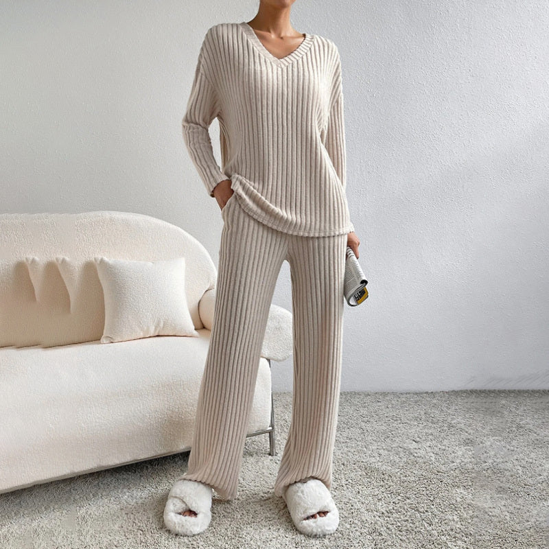 Women's 2-Piece Set Solid Color V-Neck Long Sleeve Top & Straight Leg Pants, Ribbed Texture Outfit For Fall&Winter