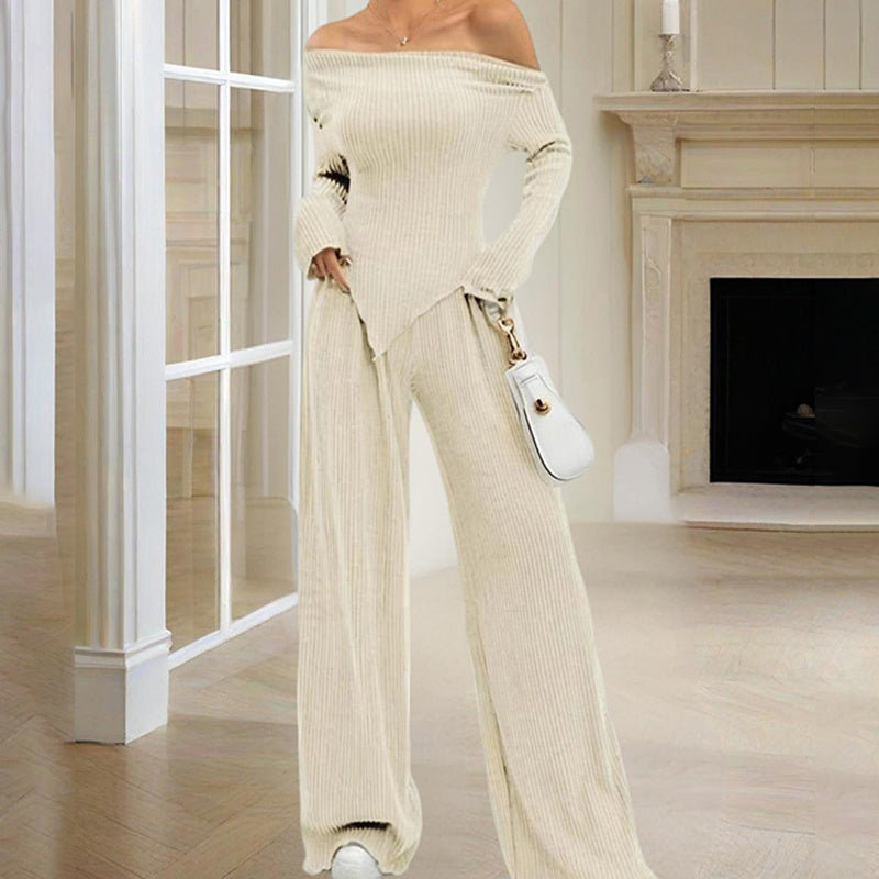 Women's Solid Color Off-Shoulder Long Sleeve Top & Pants Set - Elegant Asymmetrical Hem & Ruffes Cuff Casual Outfit