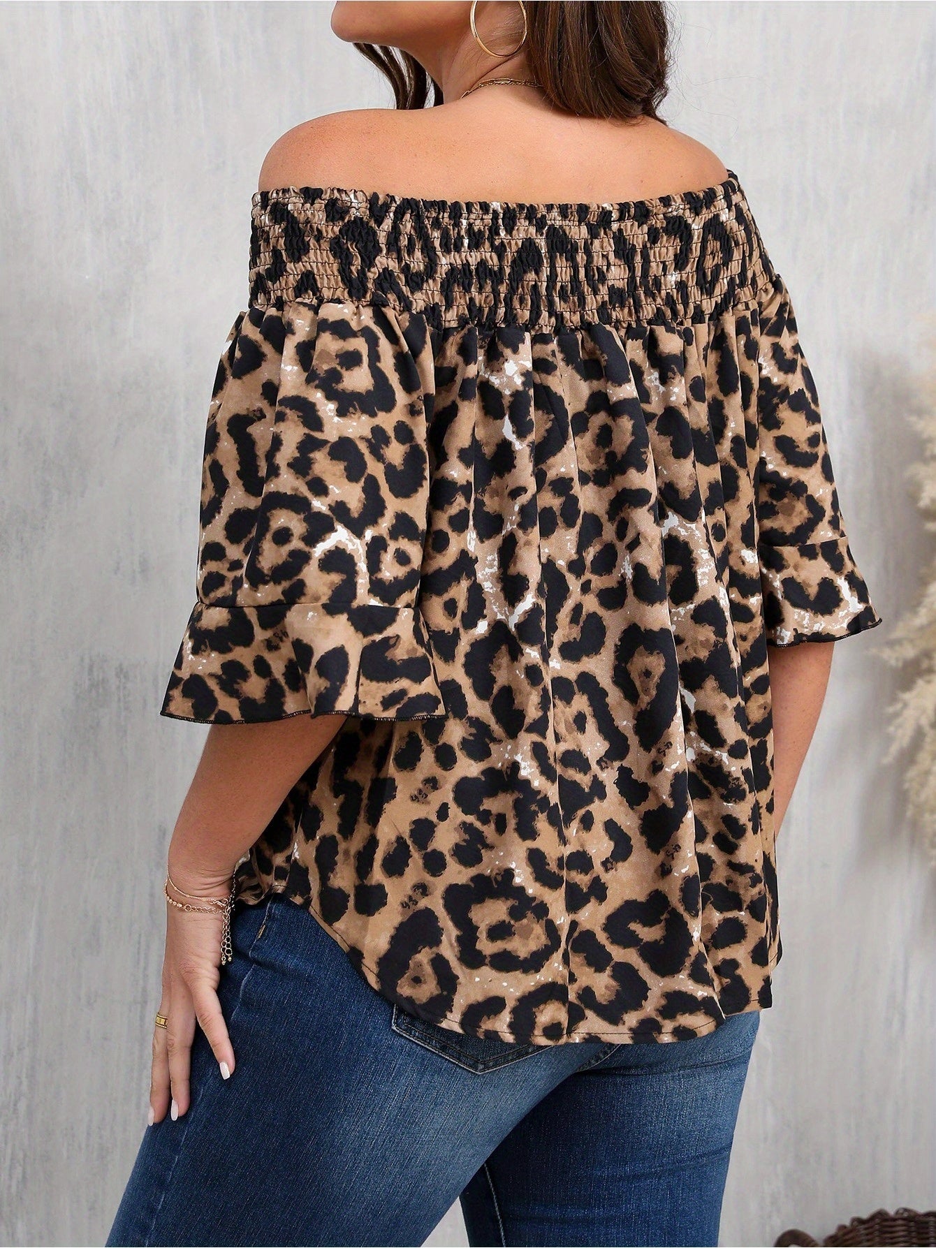 Women's Plus Size Leopard Print Blouse - Elegant Off-Shoulder Ruffle Sleeve Spring Shirt, Plus Size Women's Top