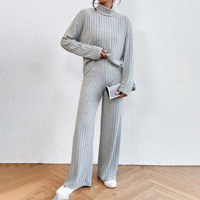 Women's Solid Color 2-Piece Set High Neck Long Sleeve Top & Pants, Striped Loungewear For Fall&Winter