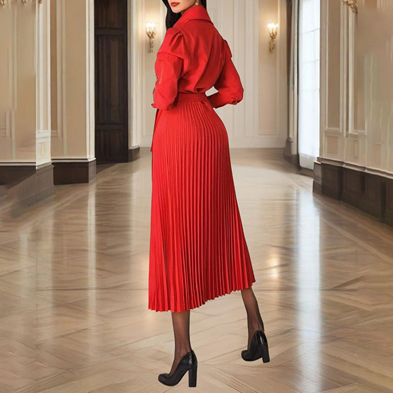 Women's Cross V-Neck Lapel Solid Color Long Sleeve Pleated Maxi Dress With Tie Waist Casual & Formal Dress For Spring & Fall