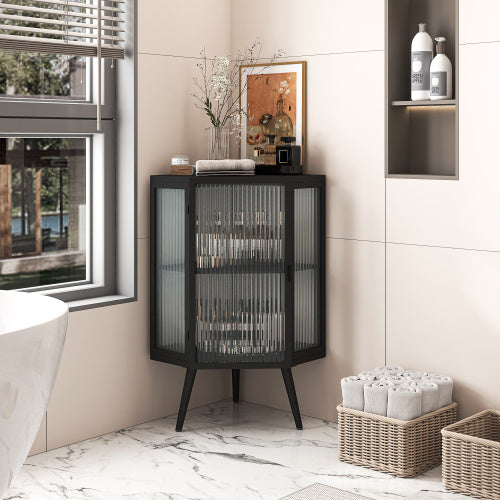Floor Standing Cone-shaped Cabinet With Tempered Glass Doors And Storage Shelves