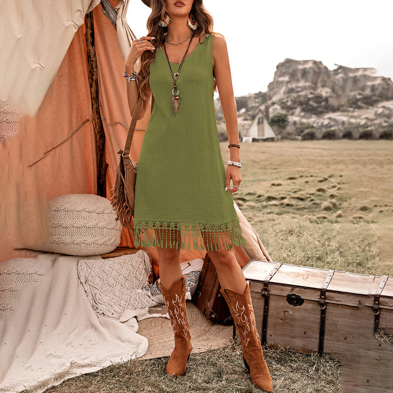 Women's Elegant Solid Color Boho Dress - V-Neck Fringe Detail Sleeveless Summer Dress
