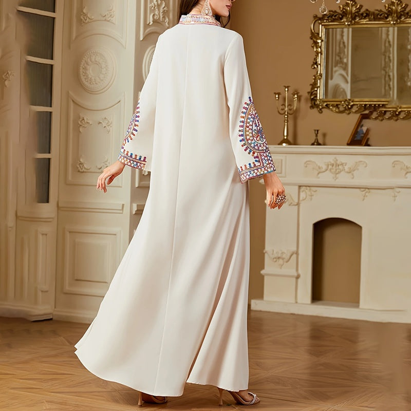 Elegant Women's Long Sleeve Floor-Length Dress - Stand Collar With Geometric Print & Sequins Detail Dress For Casual&Party Wear