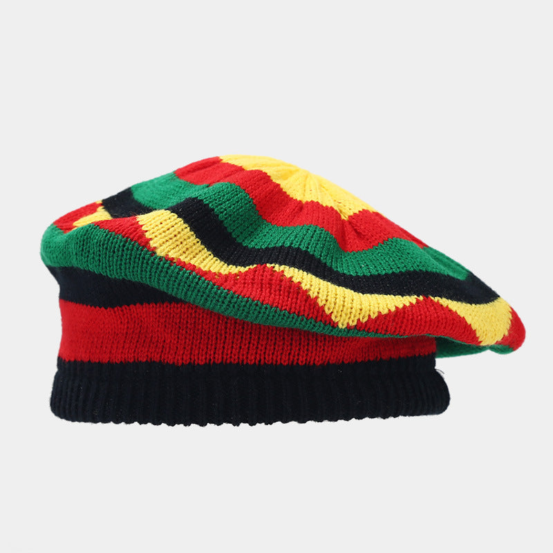 Jamaica Wig Woven Hat Women's Retro Yellow And Green Stitching Beret