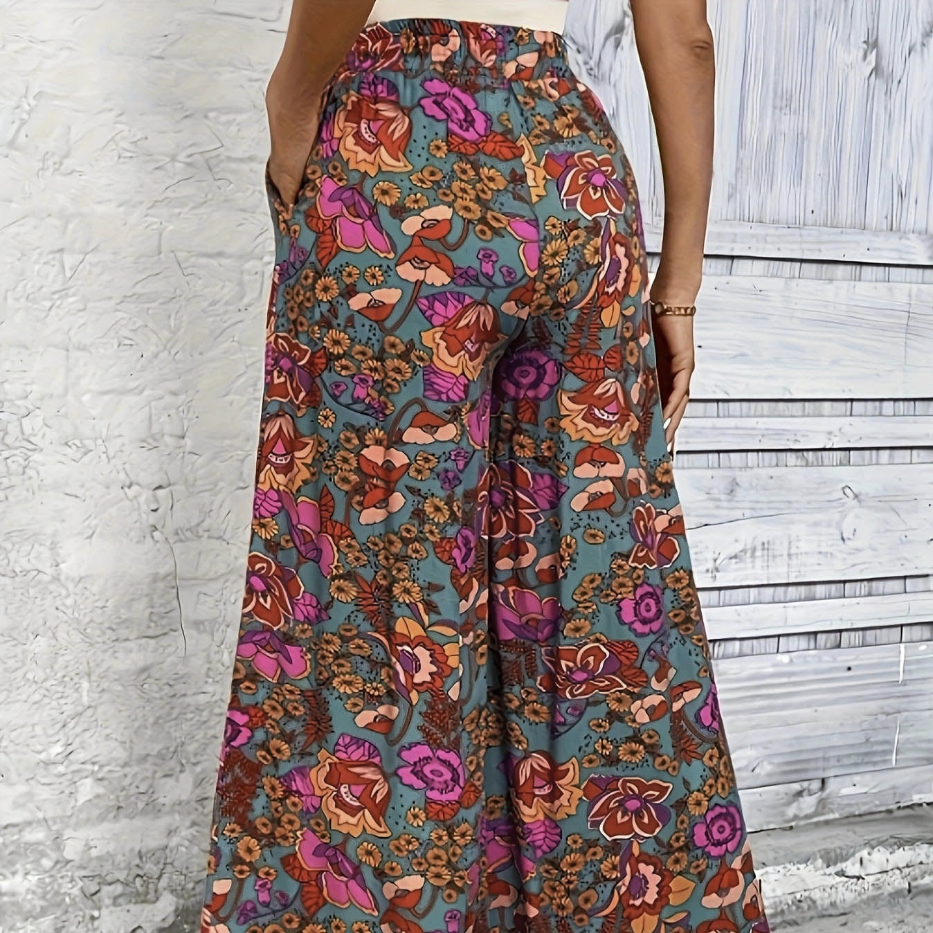 Ladies' Floral Printed Waistband Design, Wide Leg Pants, Long Pants
