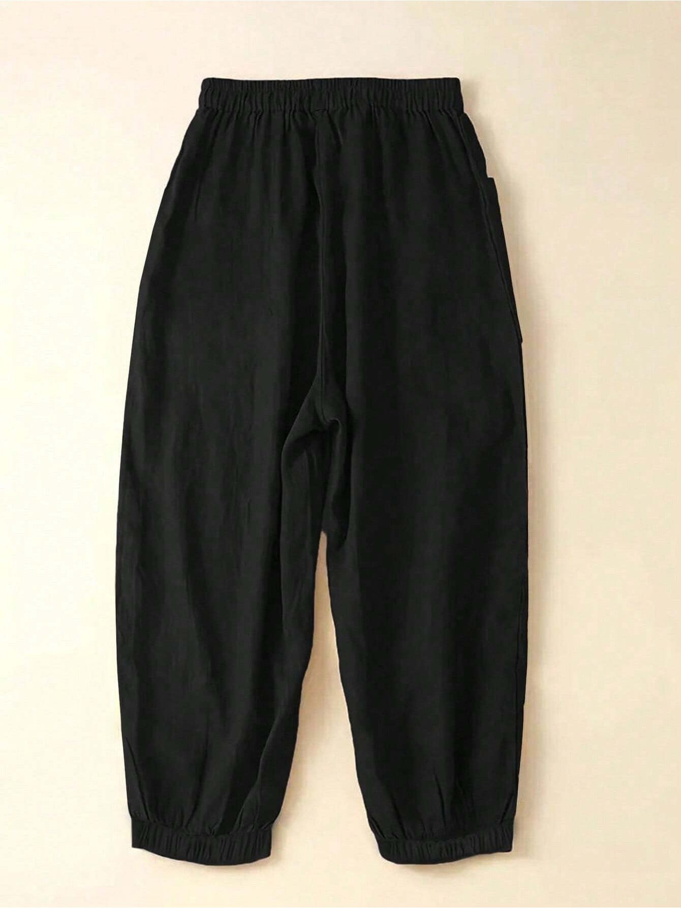 Women's Plus Size Solid Color Front-Tie Pocket Casual Pants - Everyday Leisure Wear