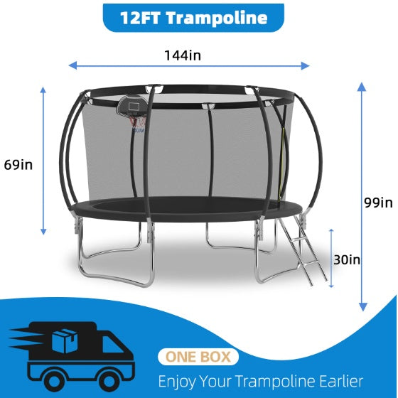 12 FT TRAMPOLINE BLACK PUMPKIN-STYLE SAFETY NET WITH BASKETBALL HOOP