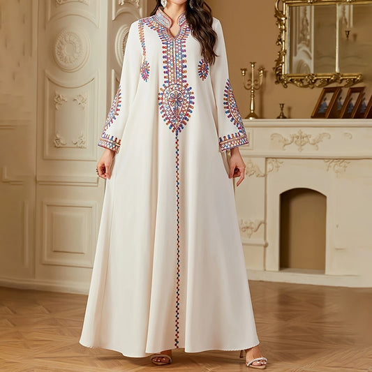 Elegant Women's Long Sleeve Floor-Length Dress - Stand Collar With Geometric Print & Sequins Detail Dress For Casual&Party Wear