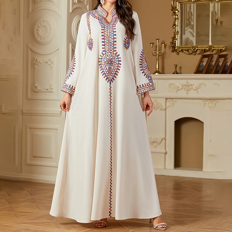 Elegant Women's Long Sleeve Floor-Length Dress - Stand Collar With Geometric Print & Sequins Detail Dress For Casual&Party Wear