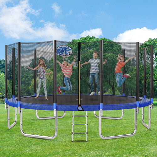 16FT Trampoline For Kids With Safety Enclosure Net, Basketball Hoop And Ladder, Easy Assembly Round Outdoor Recreational Trampoline